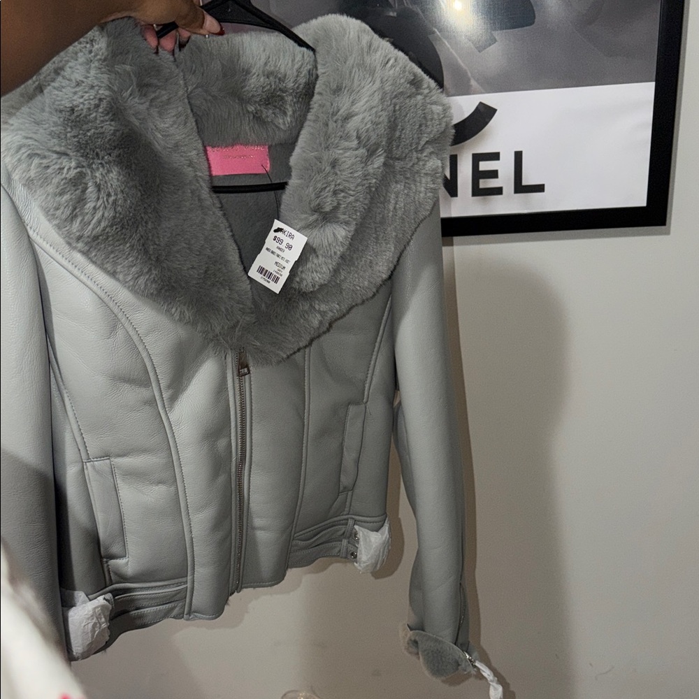 Azalea Wang Gray Faux Fur Collar Women's Jacket